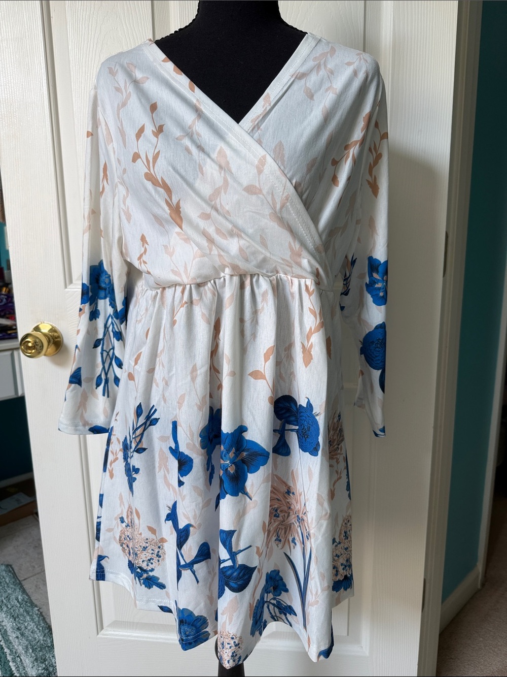 White Floral Wrap Tunic with Blue and Tan Print